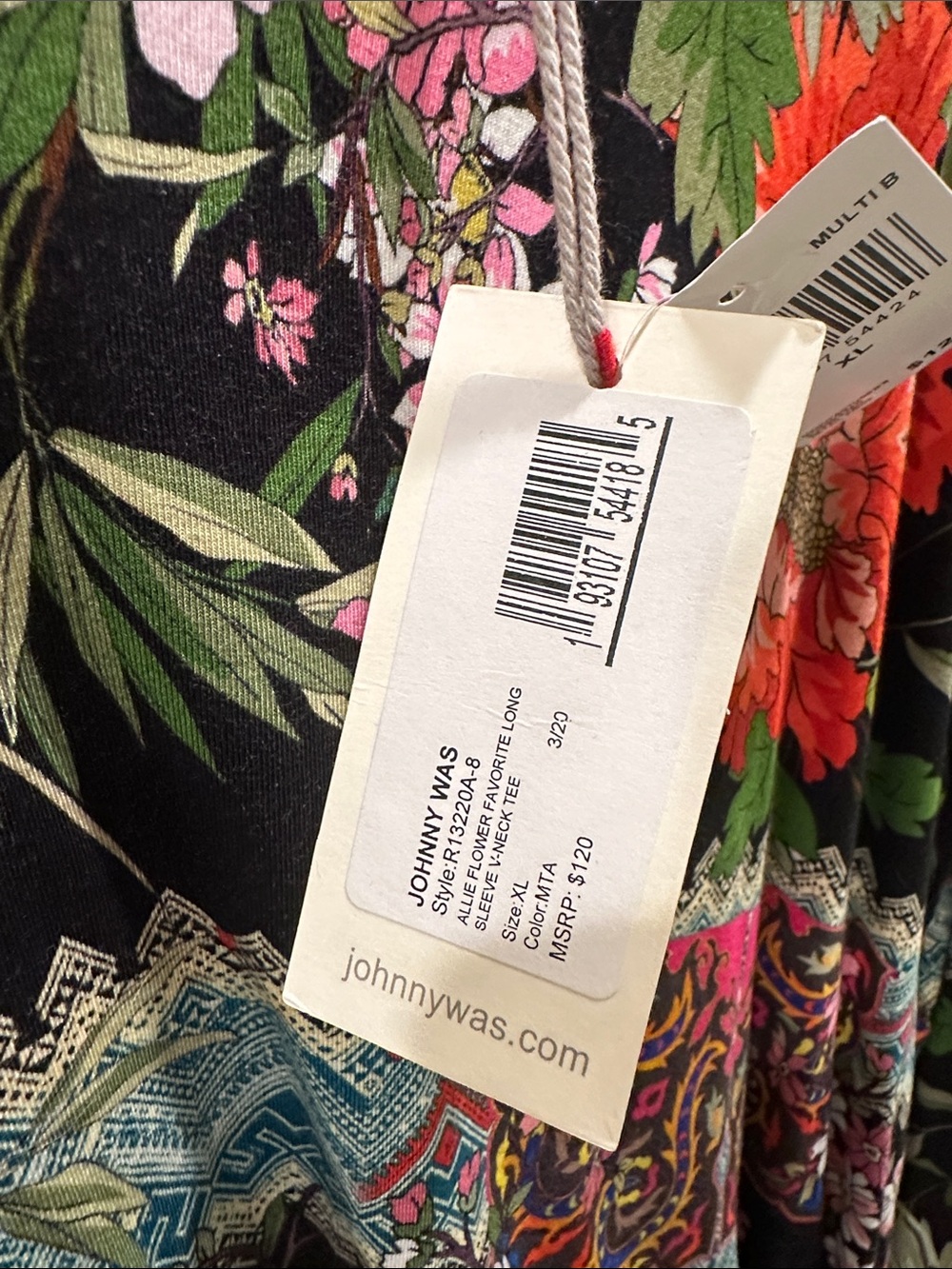 Johnny Was: designer shirt: Black Floral V-Neck Long Sleeve Tee with Multicolor - Picture 6 of 6